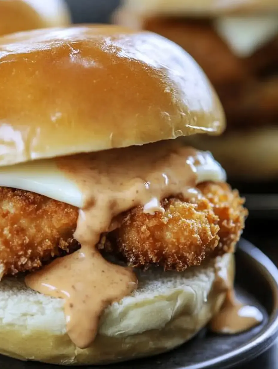 A close-up of a crispy fried chicken sandwich topped with creamy sauce, placed on a soft bun.