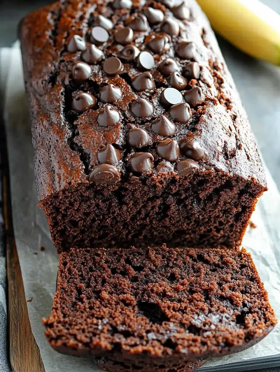 A freshly baked chocolate loaf cake topped with chocolate chips, with a slice cut out, sits on parchment paper alongside a banana.