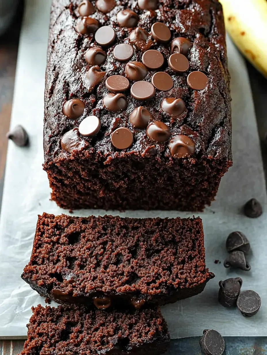 A freshly baked chocolate banana bread loaf, topped with chocolate chips, with a few slices cut and placed beside it.