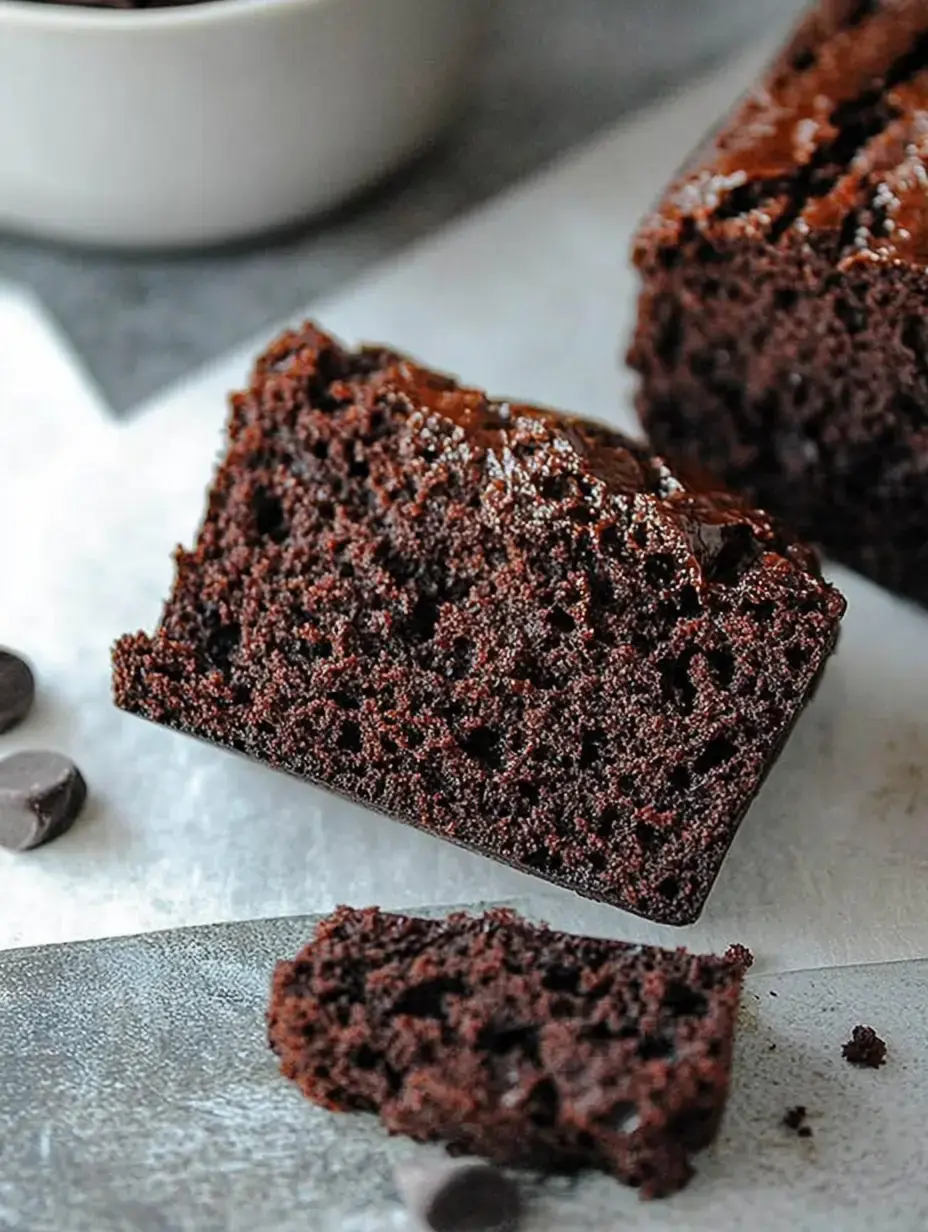 A close-up of a moist chocolate cake with a slice cut out, surrounded by chocolate chips and a bowl in the background.