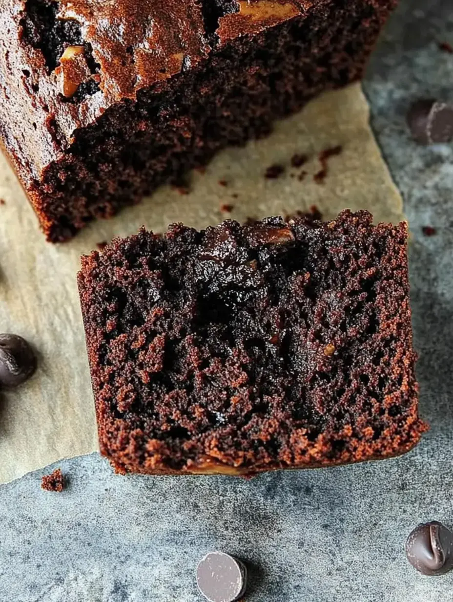 A slice of moist chocolate cake is displayed on a gray surface, accompanied by a few scattered chocolate chips.