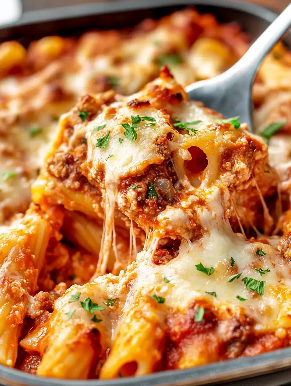 A spoonful of baked pasta with meat sauce and melted cheese, garnished with chopped parsley, is lifted from a dish.