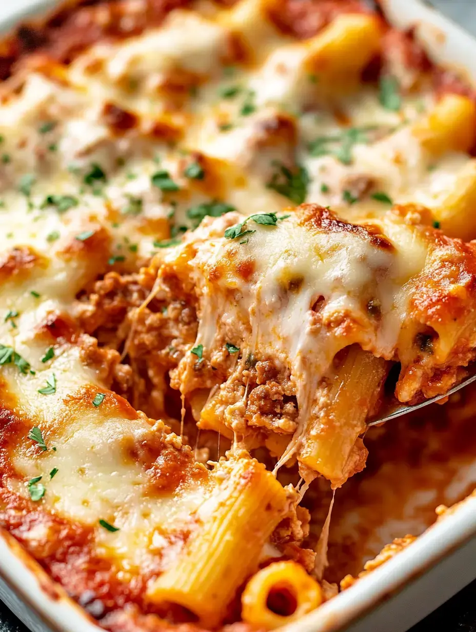 A serving of cheesy baked rigatoni with meat sauce, garnished with parsley, is being lifted from a baking dish.