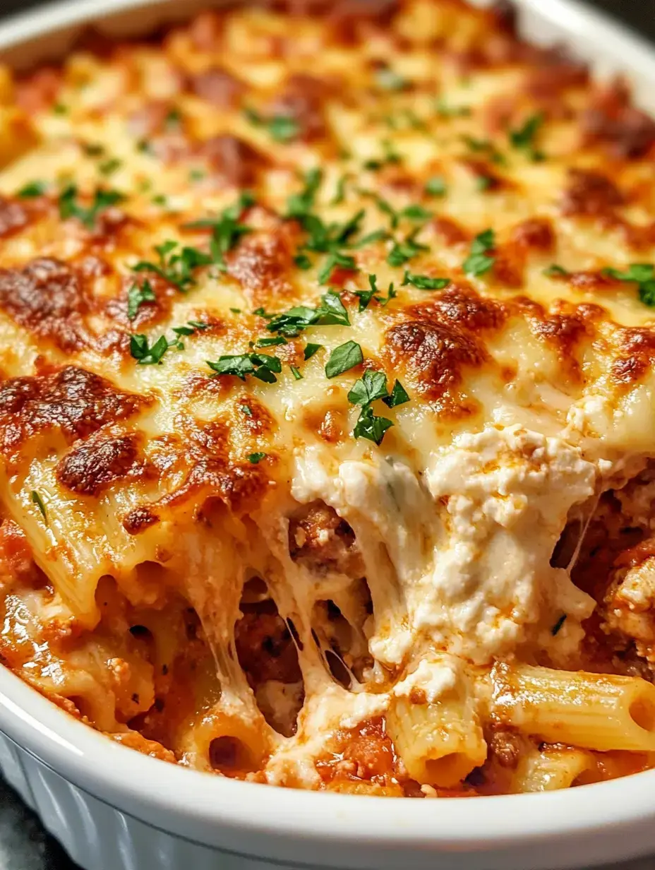 A close-up of a baked pasta dish with melted cheese and sprinkled parsley on top.