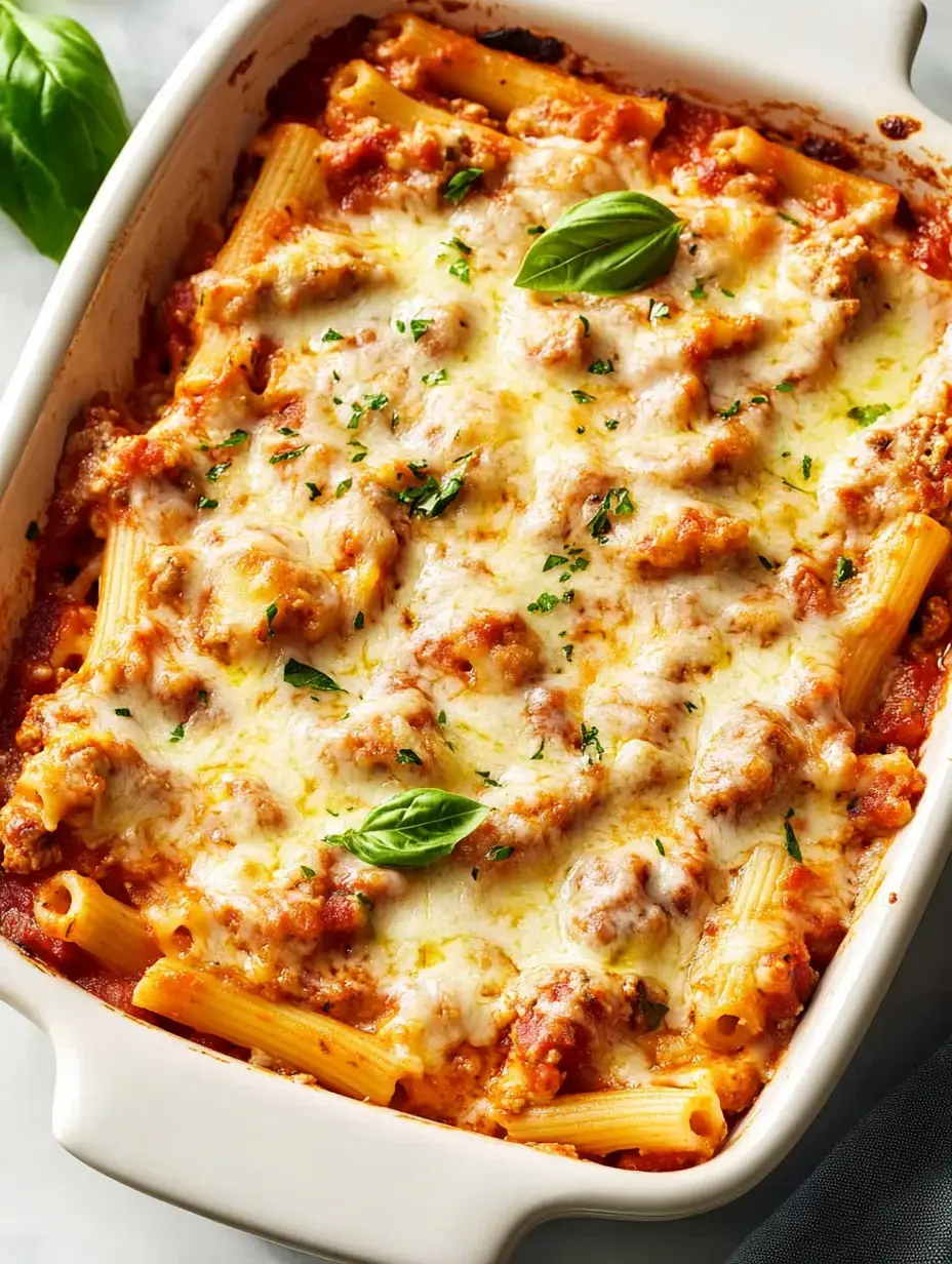 A baked pasta dish topped with melted cheese and garnished with fresh basil.