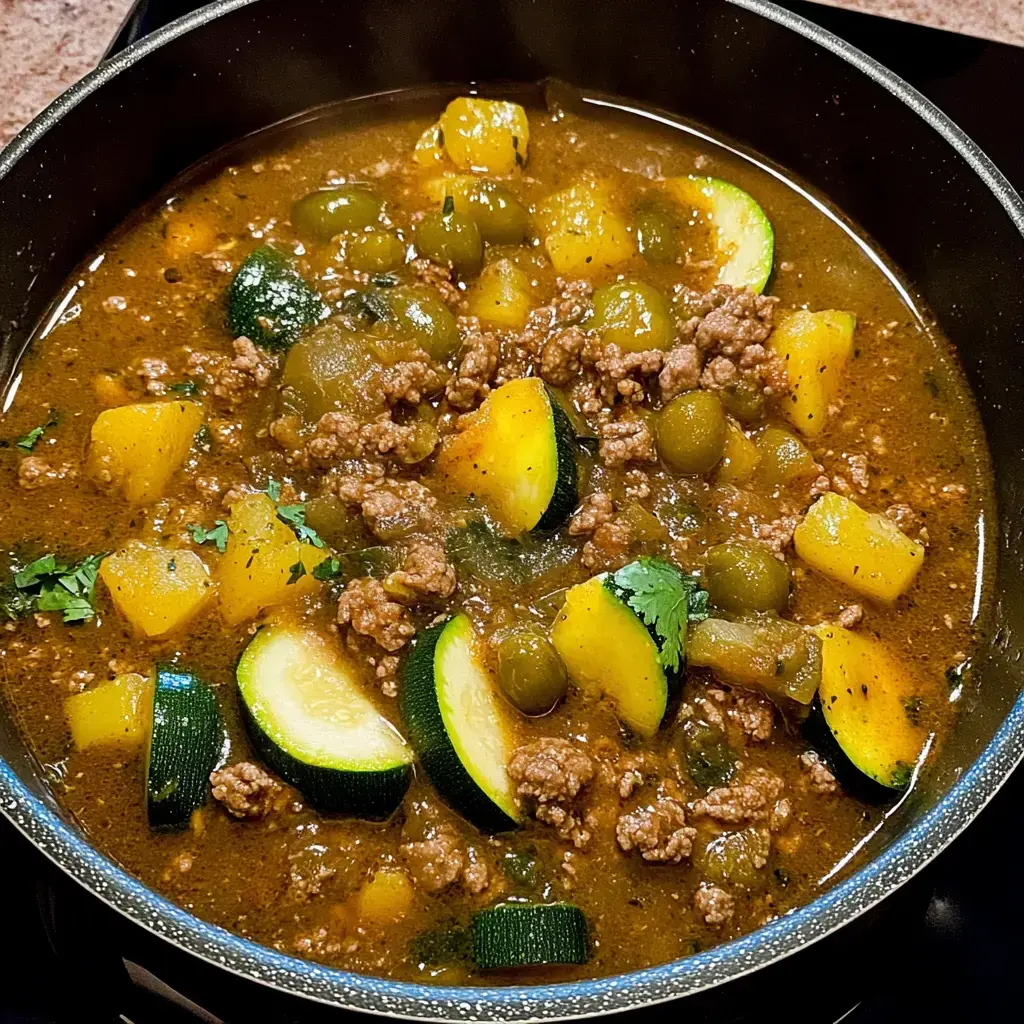 A pot of simmering stew with ground meat, zucchini, diced potatoes, and green vegetables, garnished with fresh cilantro.