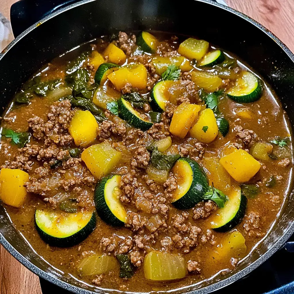 A skillet filled with a savory mixture of ground meat, zucchini slices, yellow squash, and green herbs simmering in a rich sauce.