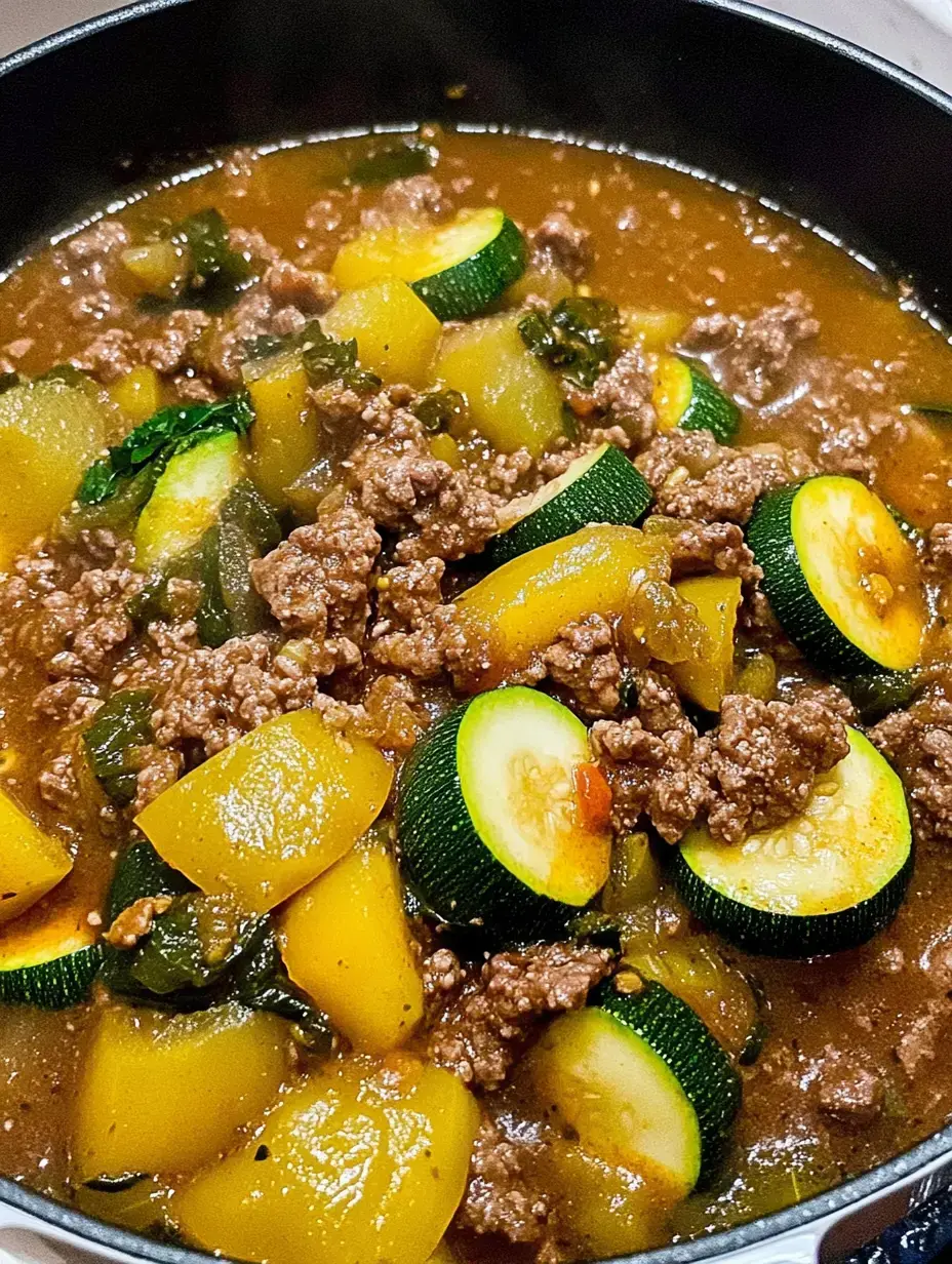 A close-up view of a simmering pot filled with ground beef, zucchini slices, and squash in a savory broth.