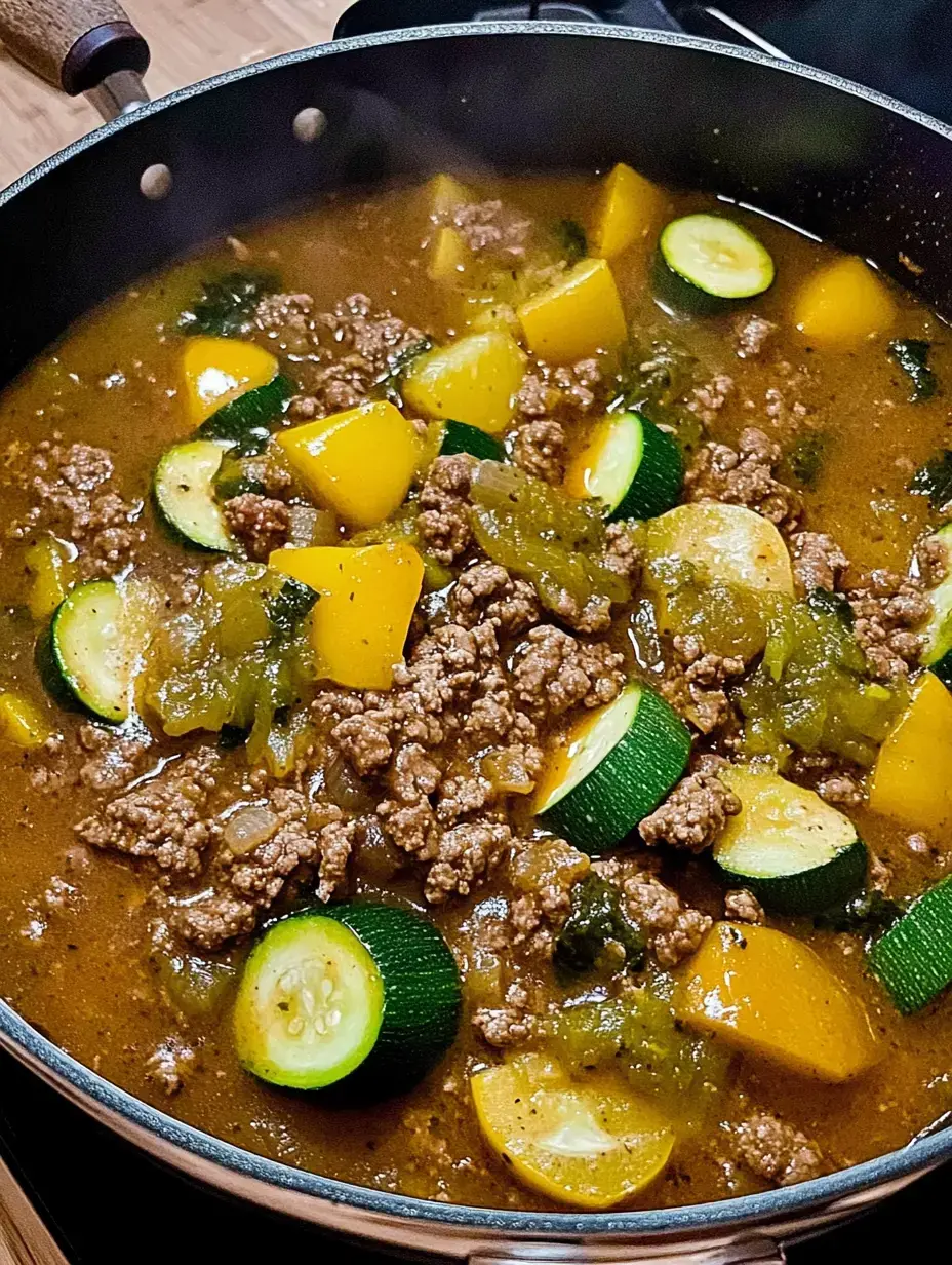 A skillet filled with a savory mixture of ground beef, zucchini, yellow bell pepper, and spices simmering in a flavorful broth.