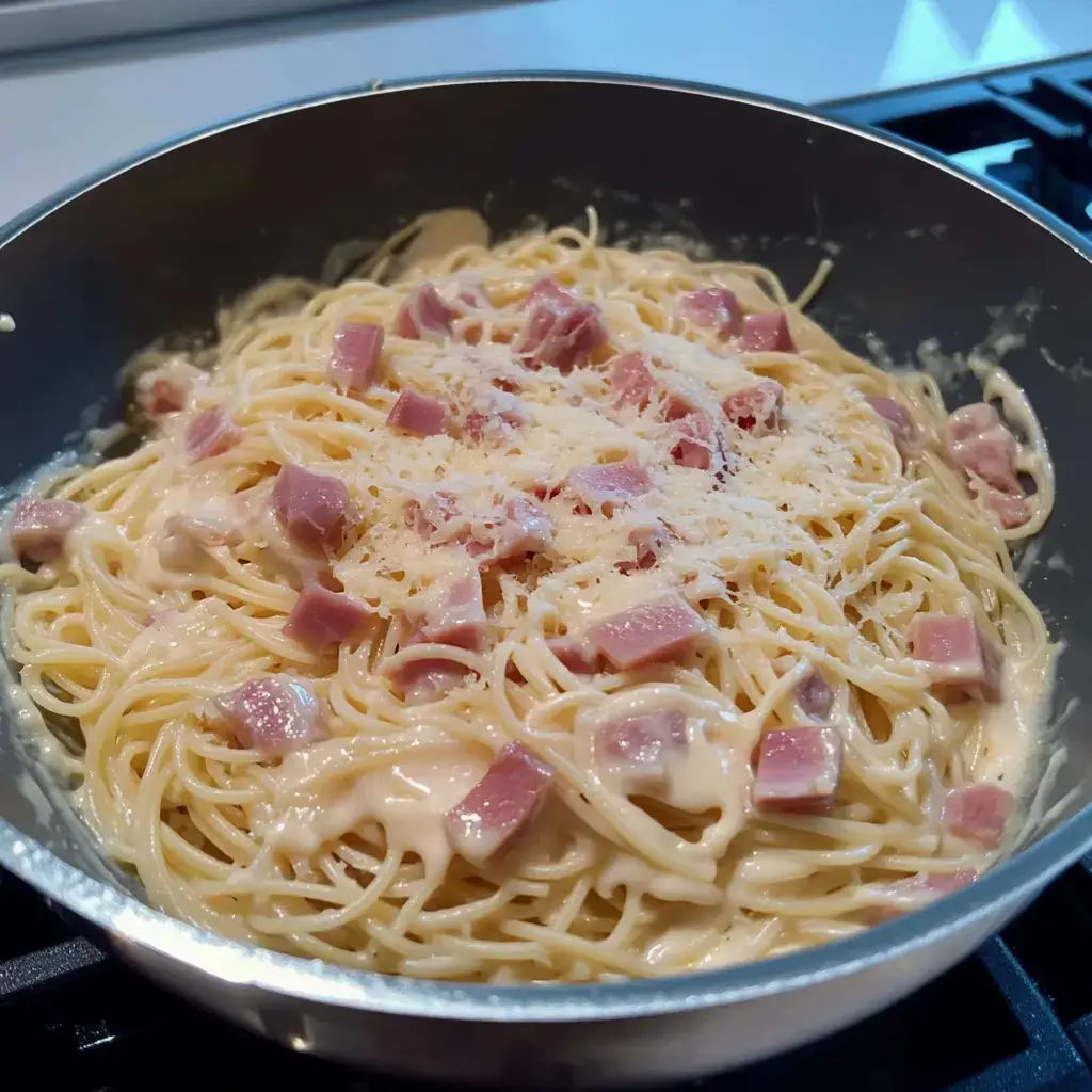 A pan filled with spaghetti tossed in a creamy sauce, topped with diced ham and grated cheese.