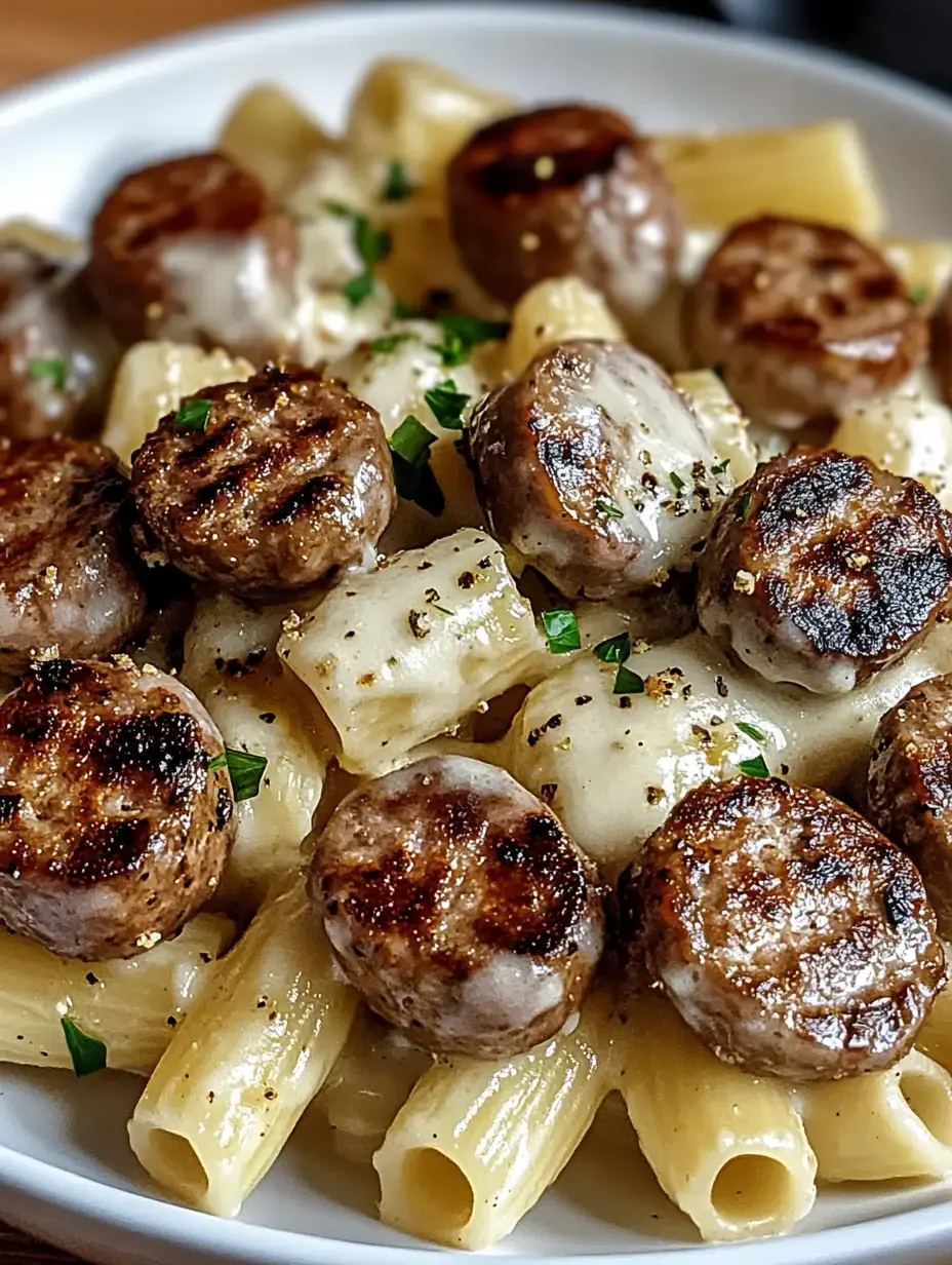 A bowl of rigatoni pasta topped with grilled sausage, melted cheese, and garnished with parsley.