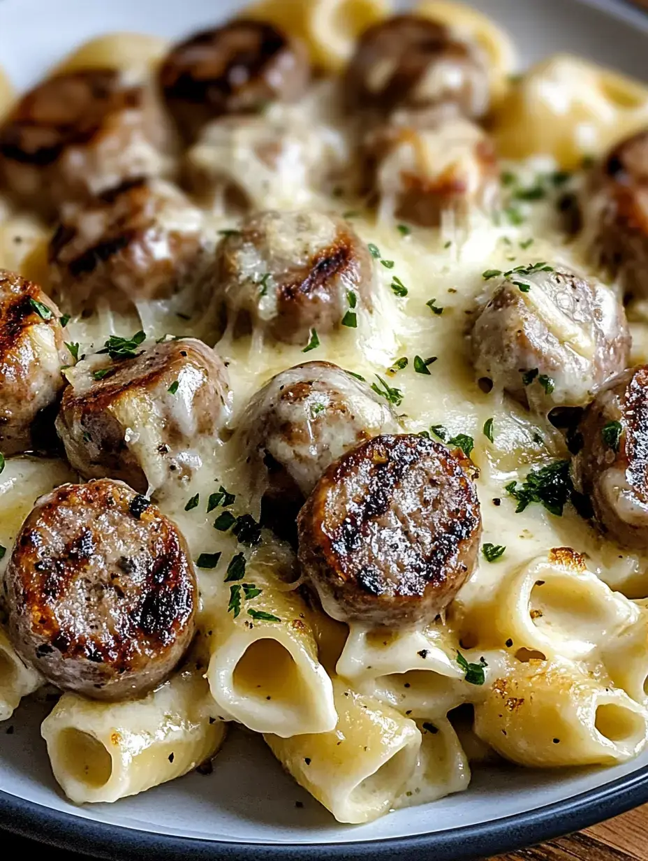 A plate of pasta topped with browned meatballs, melted cheese, and garnished with parsley.