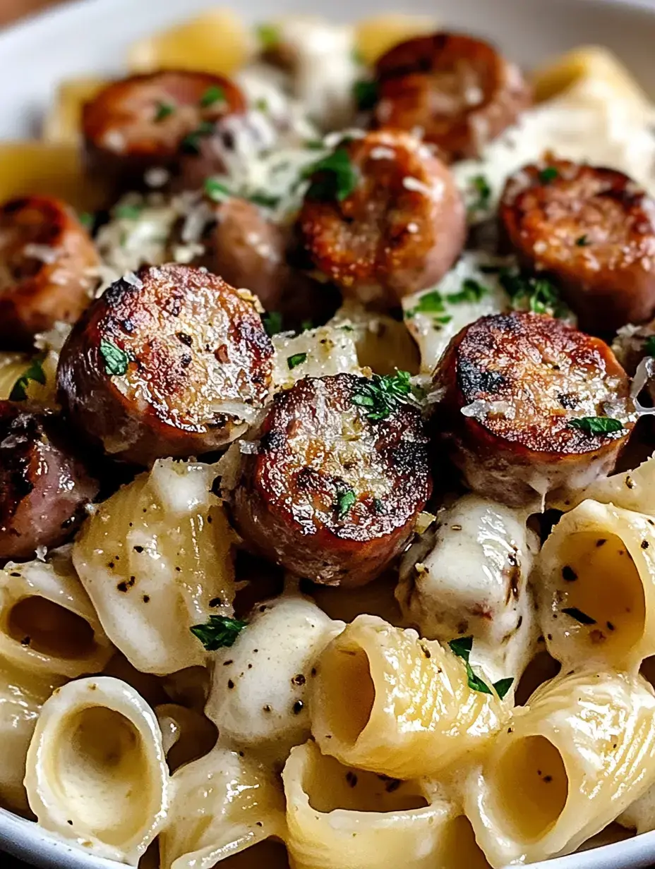 A close-up of creamy pasta with sliced sausage and parsley, garnished with cheese.