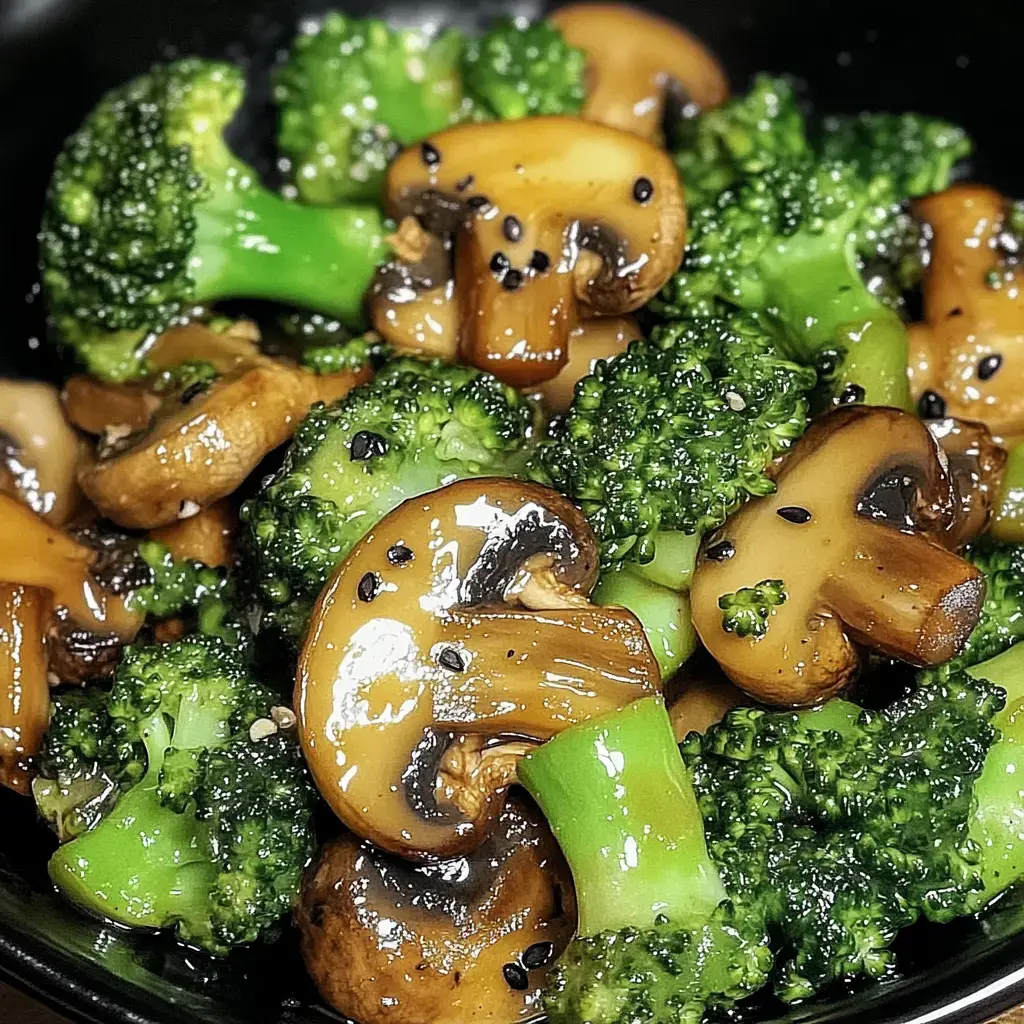 A close-up image of sautéed broccoli and mushrooms coated in a glossy sauce, garnished with sesame seeds.