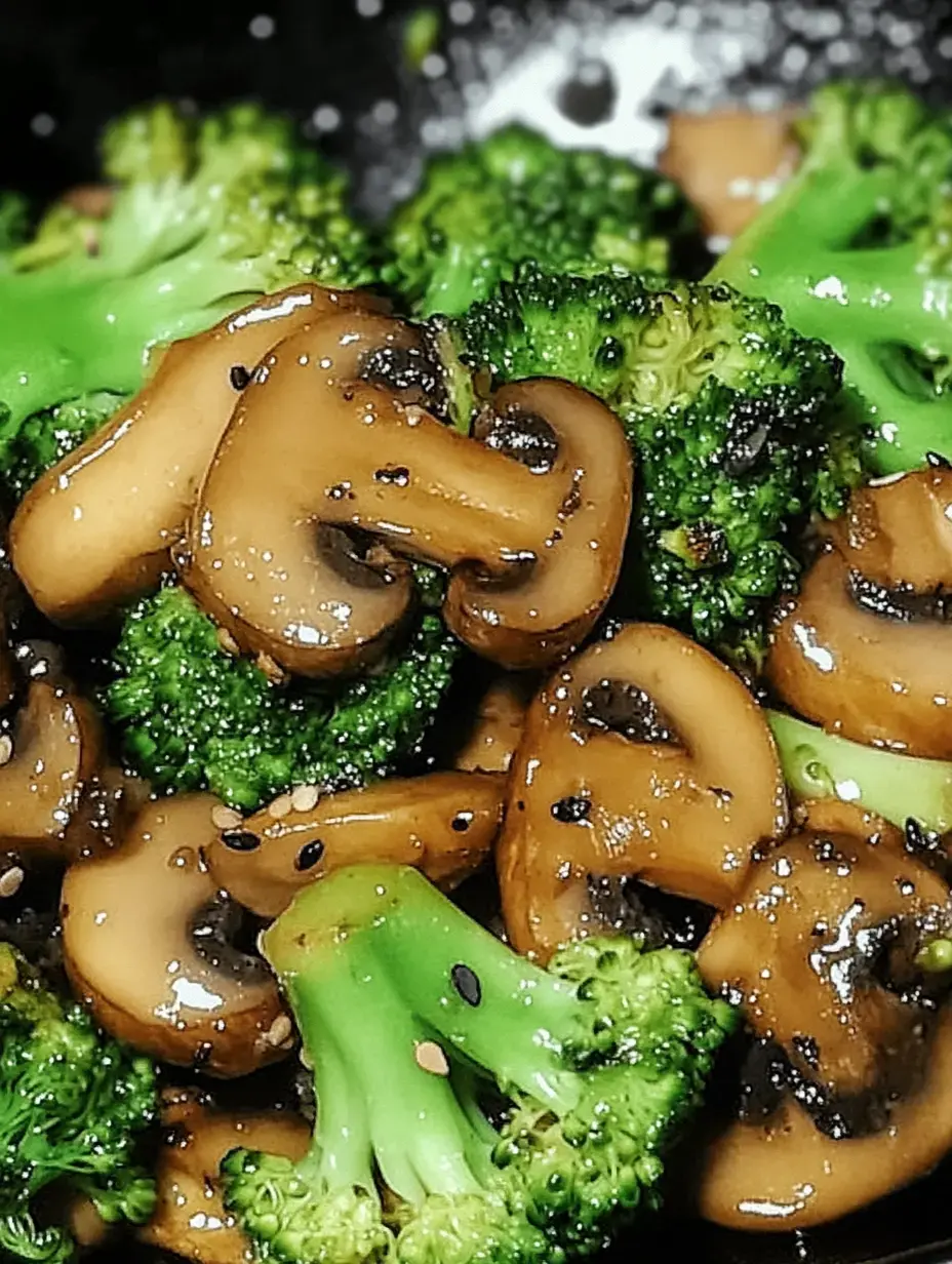 Stir-fried broccoli and sliced mushrooms are displayed together, coated in a glossy sauce.