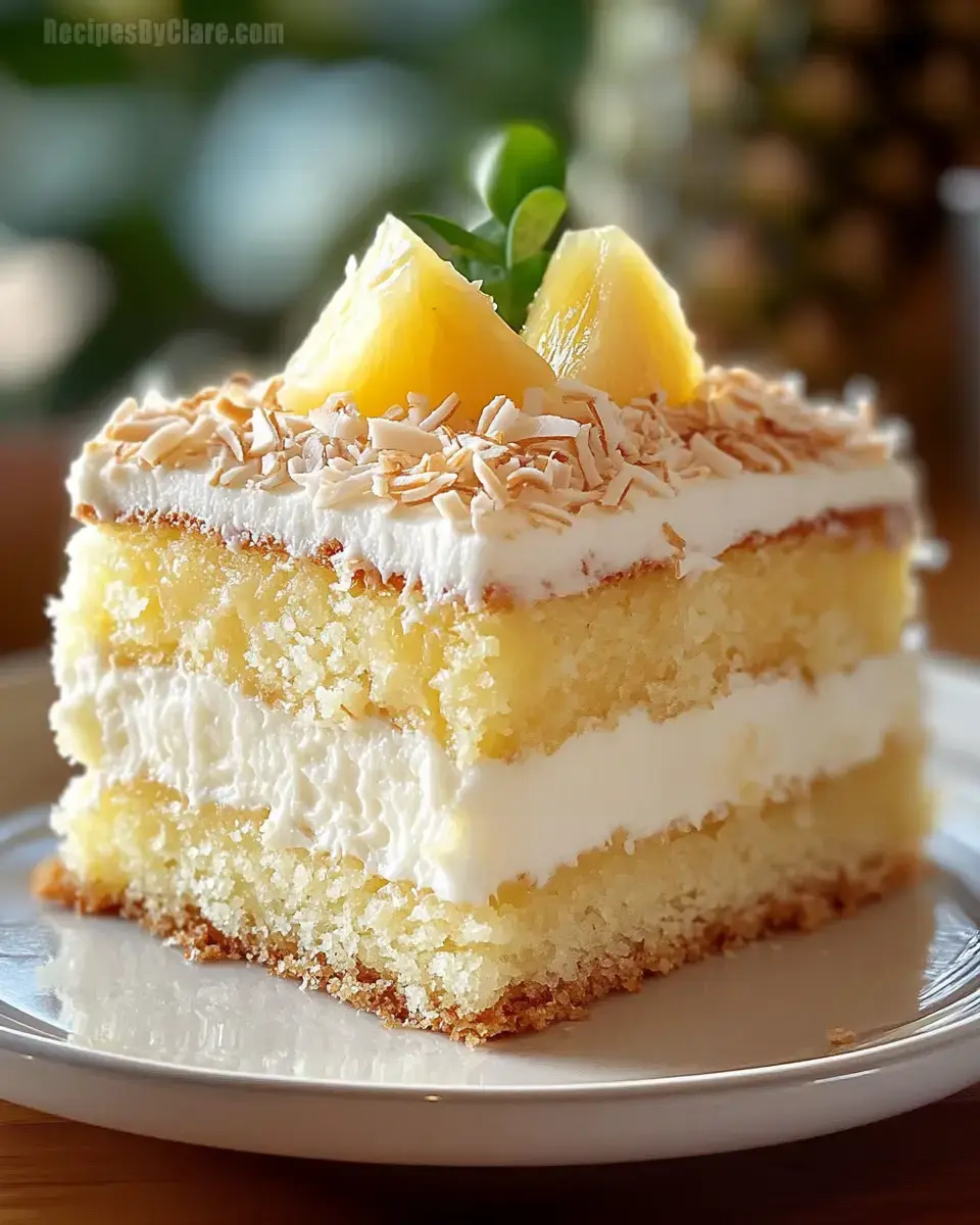 A slice of layered pineapple cake topped with coconut flakes and pineapple pieces.