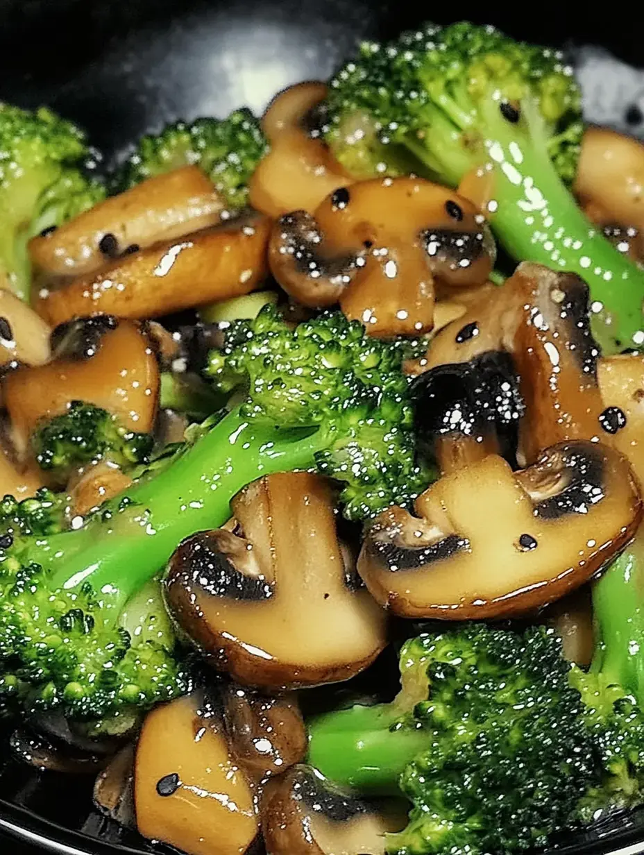 A close-up of sautéed mushrooms and broccoli with a glossy sauce.