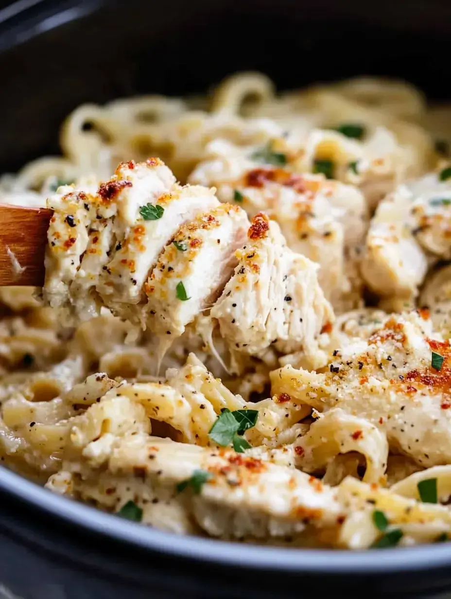 A close-up of creamy chicken alfredo pasta in a bowl, garnished with herbs and served with a wooden spoon.