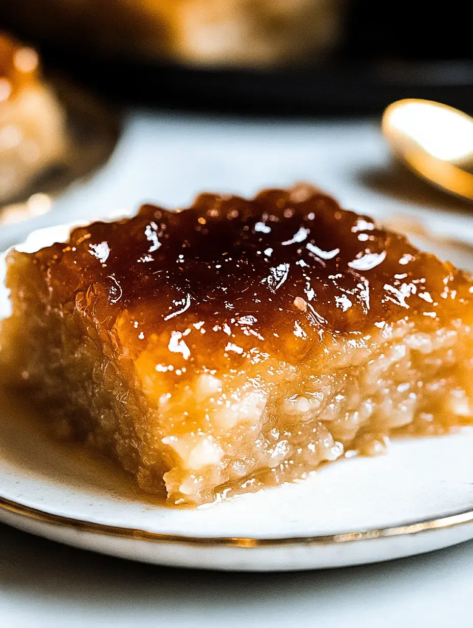 A close-up of a glossy, golden-brown slice of a sweet dessert on a white plate with a gold rim.