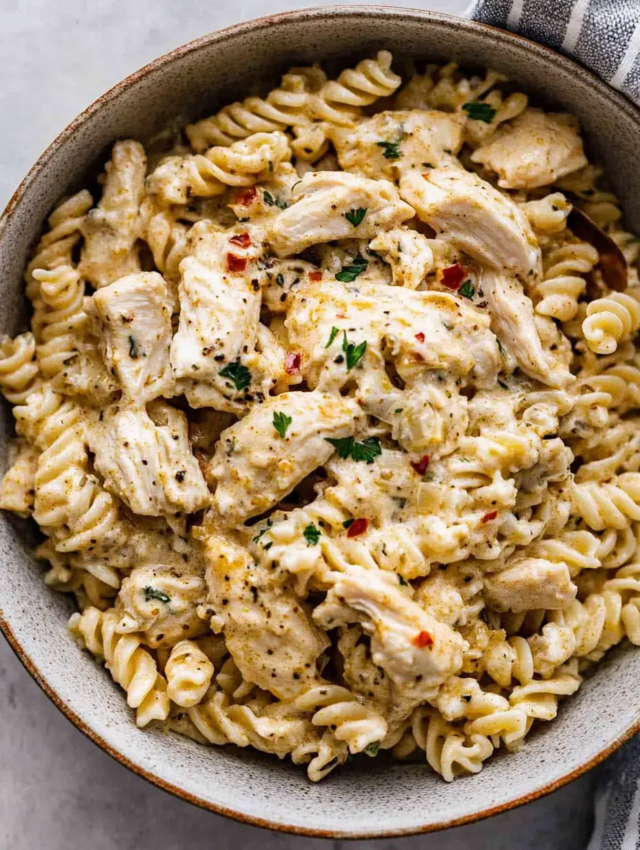 A bowl of creamy rotini pasta mixed with shredded chicken and garnished with parsley and red pepper flakes.