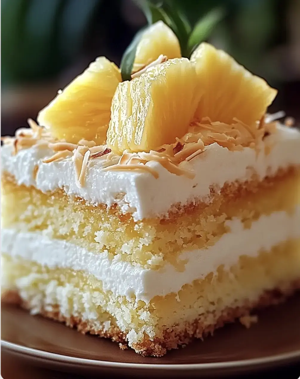 A slice of layered cake topped with pineapple chunks and coconut flakes.