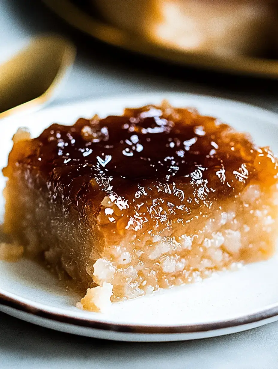 A close-up of a glossy, caramel-topped dessert on a white plate.