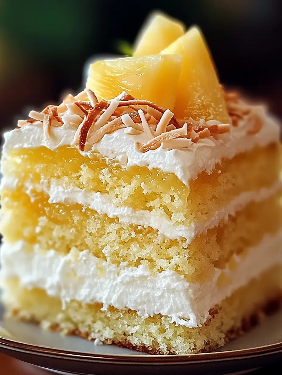 A slice of moist yellow cake layered with whipped cream, topped with coconut flakes and pineapple chunks.