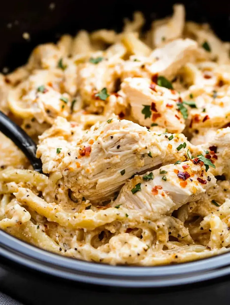 A close-up of creamy pasta with shredded chicken, garnished with green herbs and red pepper flakes.