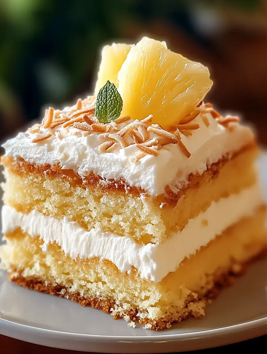 A slice of layered cake topped with whipped cream, toasted coconut, pineapple, and a mint leaf.