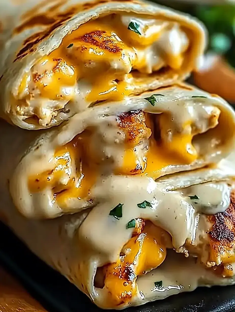 A close-up of stacked, grilled tortillas filled with melted cheese, chicken, and creamy sauce, garnished with green herbs.