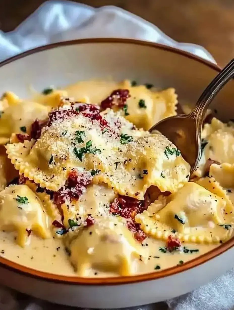 A bowl of creamy ravioli topped with sun-dried tomatoes, herbs, and grated cheese.