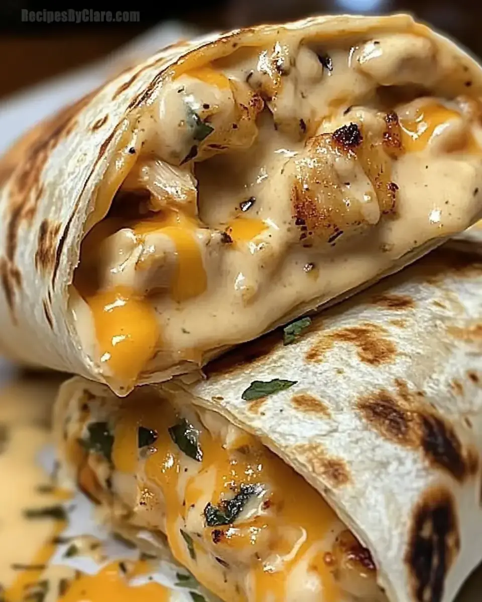 A close-up of two grilled burritos filled with melted cheese and chicken, garnished with herbs.