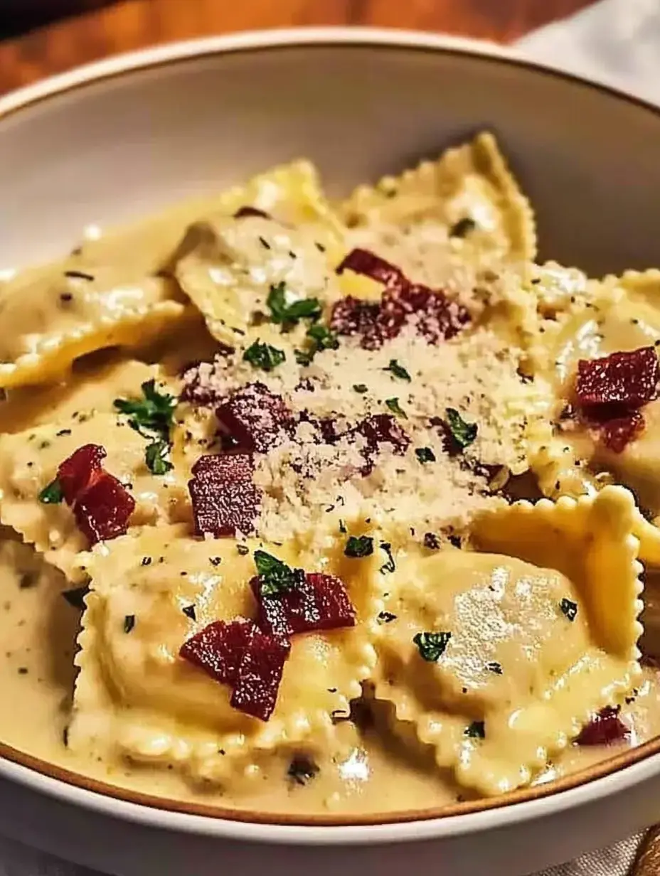 A plate of ravioli in a creamy sauce, topped with diced bacon and sprinkled with grated cheese and fresh parsley.