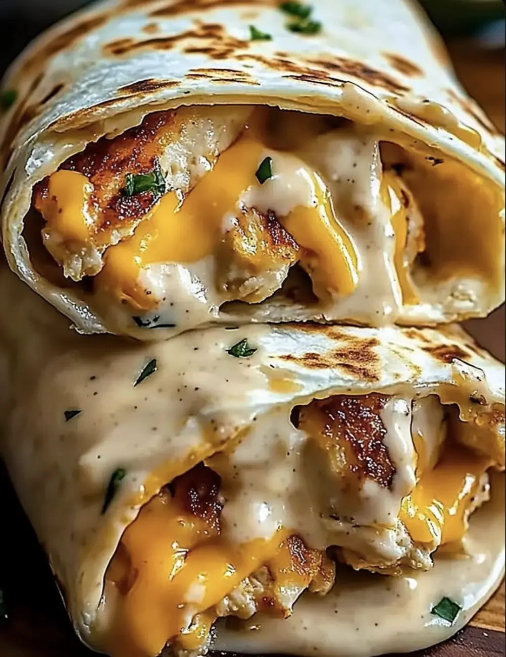 A close-up of a toasted tortilla wrap filled with grilled chicken, melted cheese, and a creamy sauce, garnished with herbs.