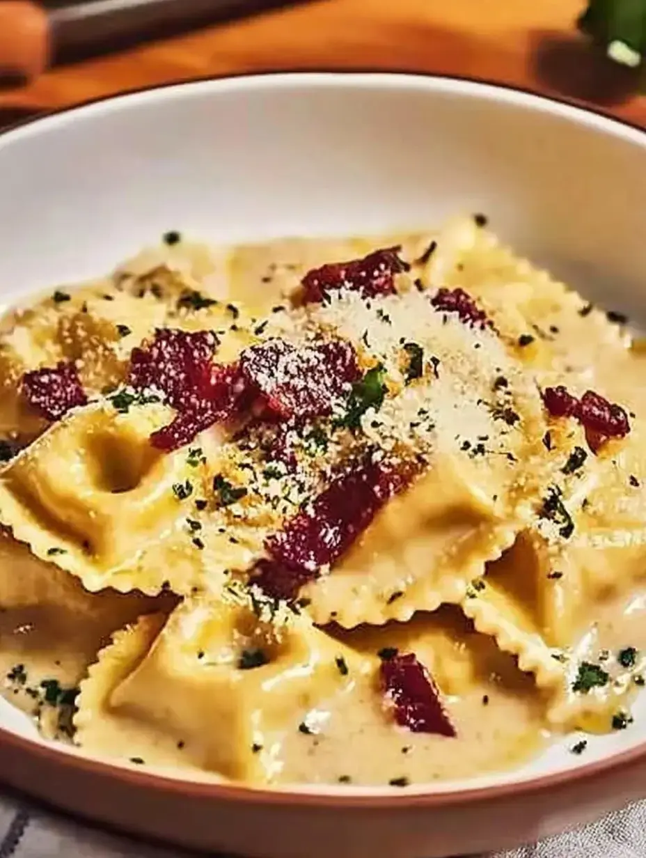 A bowl of creamy ravioli topped with herbs and crispy bacon bits.