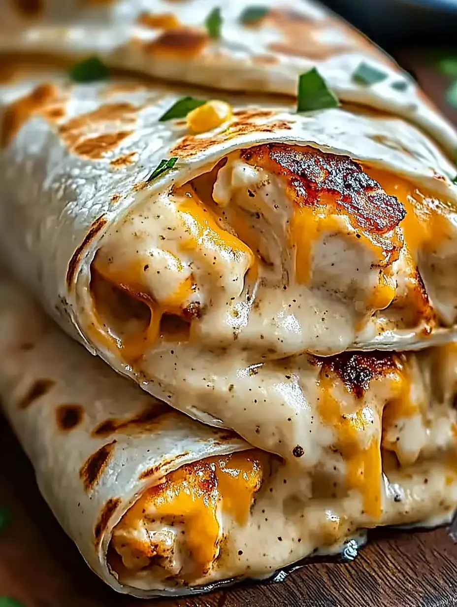 A close-up image of two grilled burritos filled with melted cheese and creamy sauce, garnished with fresh herbs.