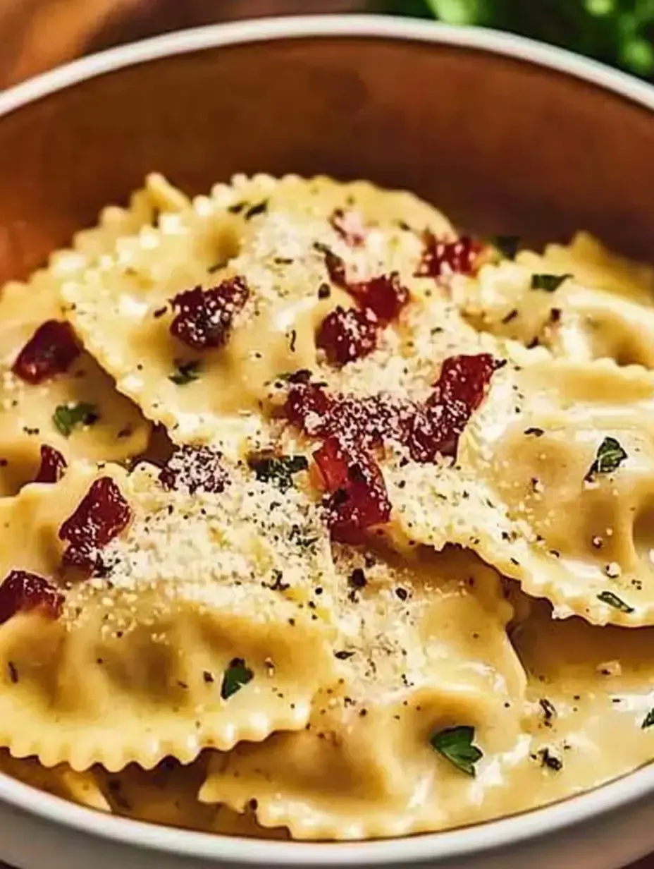 A bowl of ravioli coated in creamy sauce, topped with diced bacon and grated cheese.