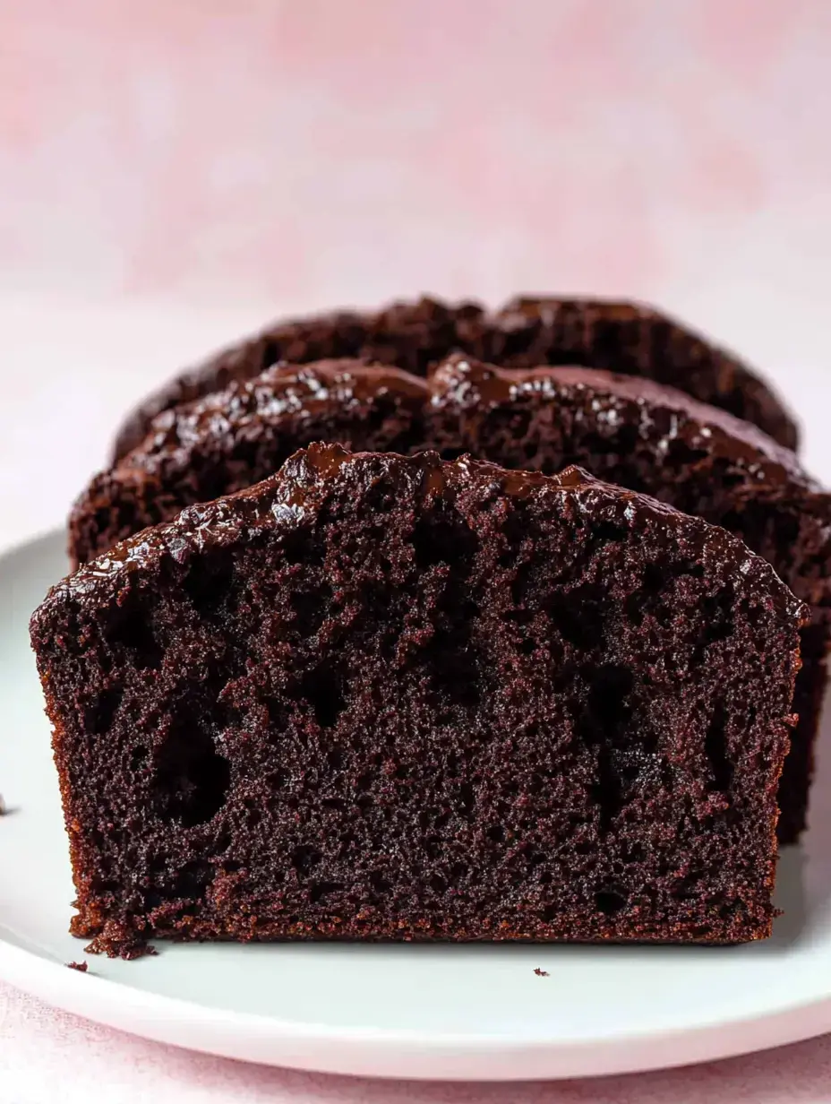 A close-up of a sliced piece of rich chocolate cake on a white plate, set against a soft pink background.