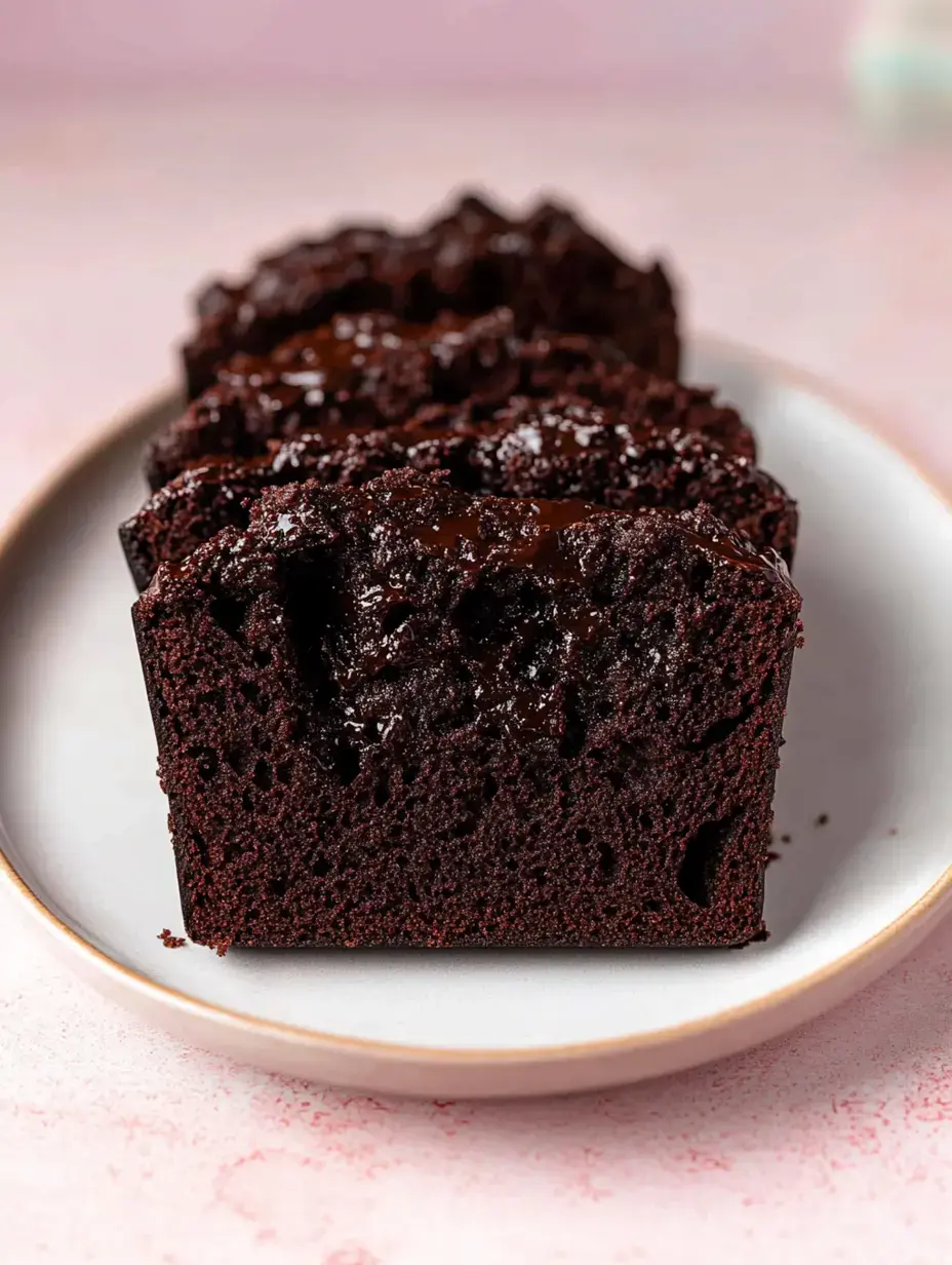 A close-up view of a slice of rich chocolate loaf cake on a pale pink plate.