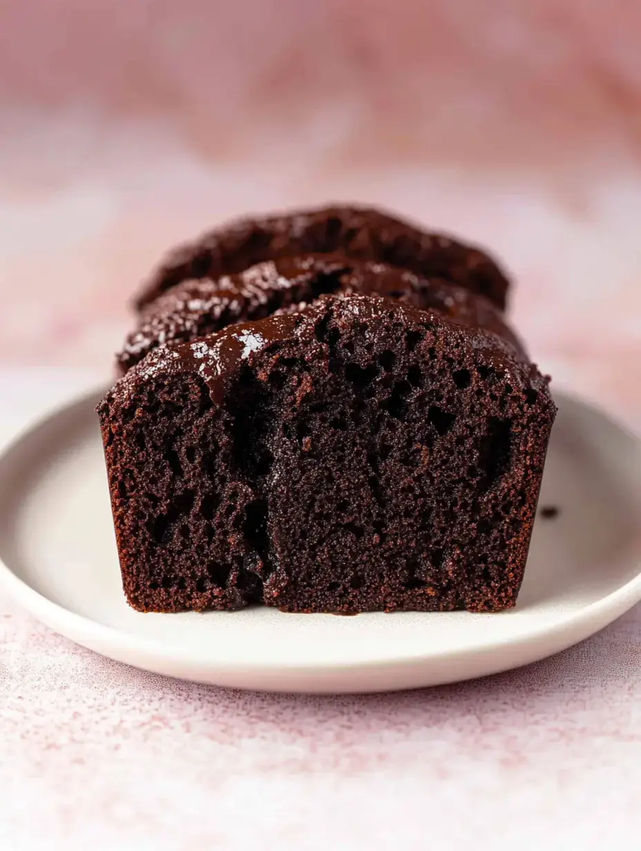 A sliced chocolate loaf cake is displayed on a white plate, showcasing its moist texture and rich color.