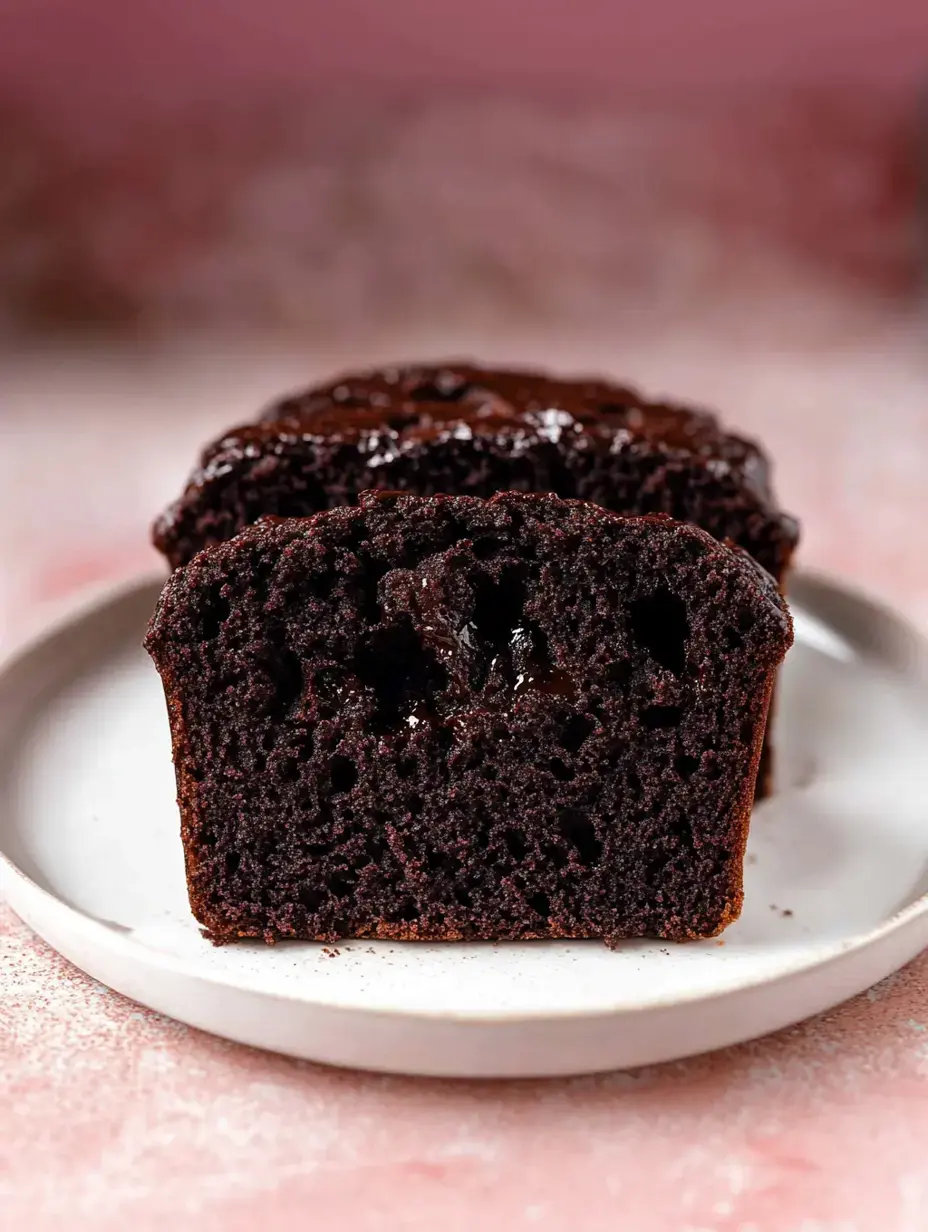 A moist, sliced chocolate loaf cake sits on a white plate, showcasing its rich, dark interior.