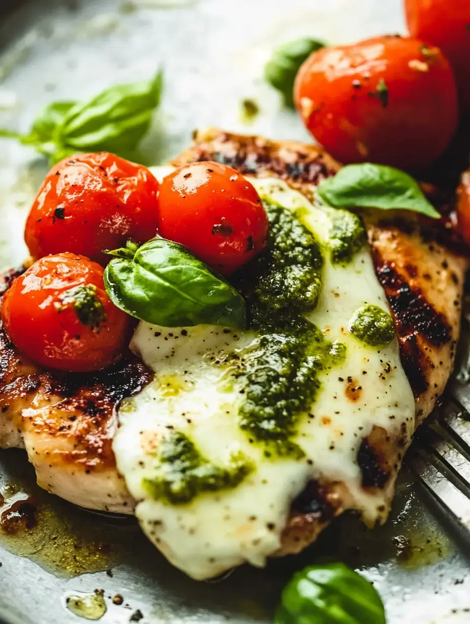 A grilled chicken breast topped with melted cheese, fresh basil leaves, roasted cherry tomatoes, and a drizzle of pesto on a silver plate.