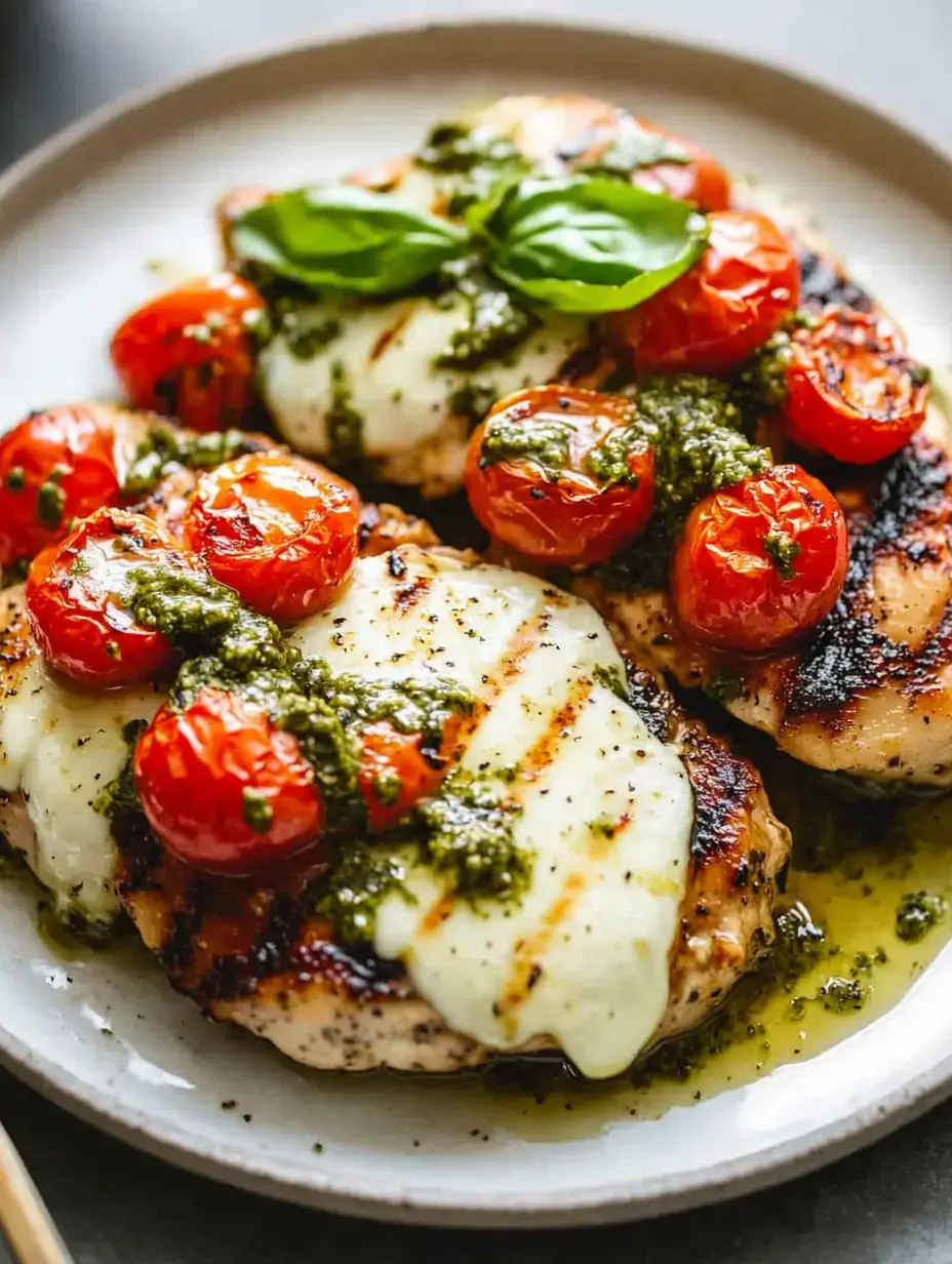 Grilled chicken topped with melted mozzarella, roasted cherry tomatoes, and basil pesto on a white plate.