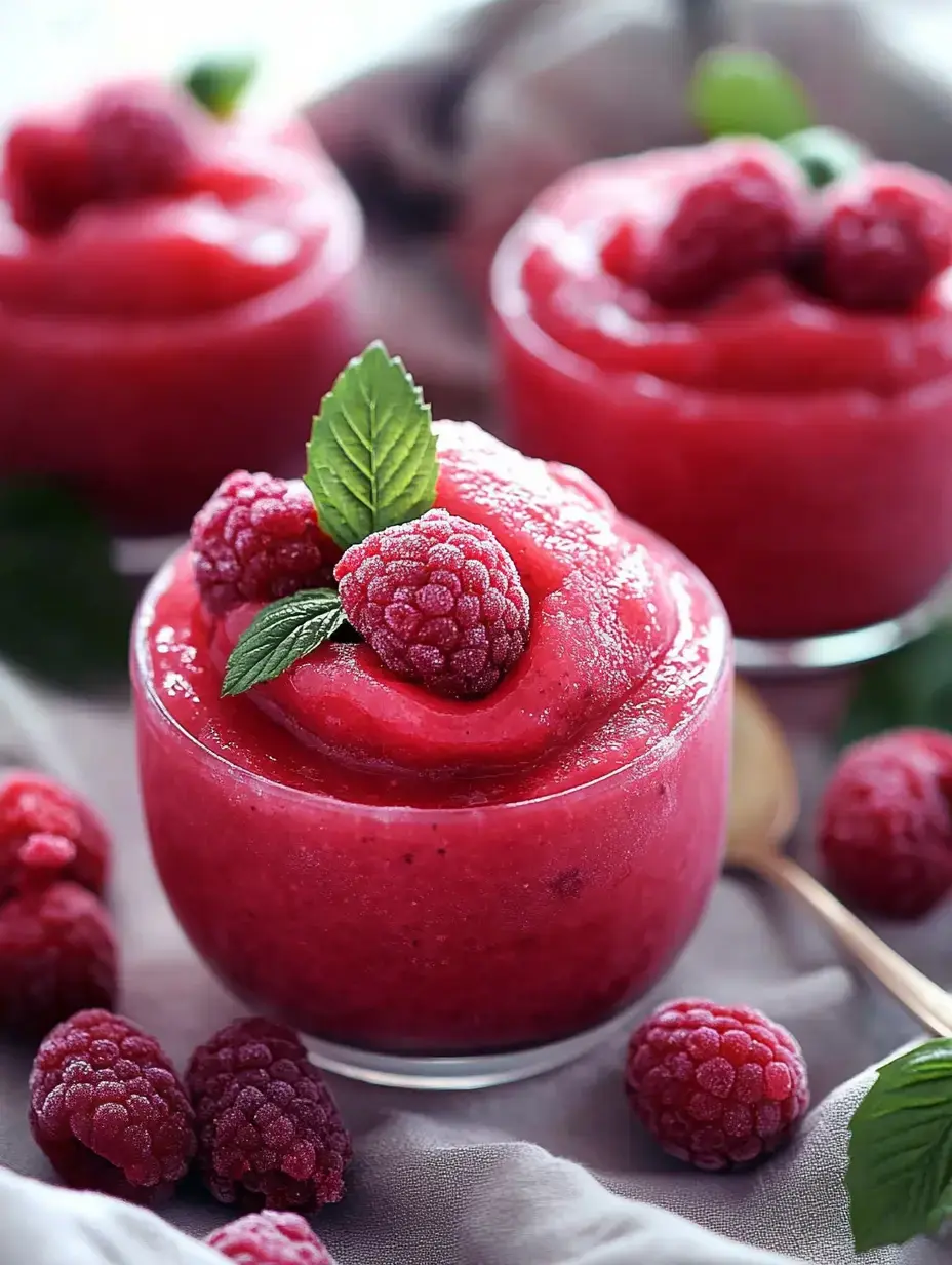 A close-up view of three glasses filled with raspberry sorbet, topped with fresh raspberries and mint leaves, surrounded by scattered raspberries on a soft cloth.