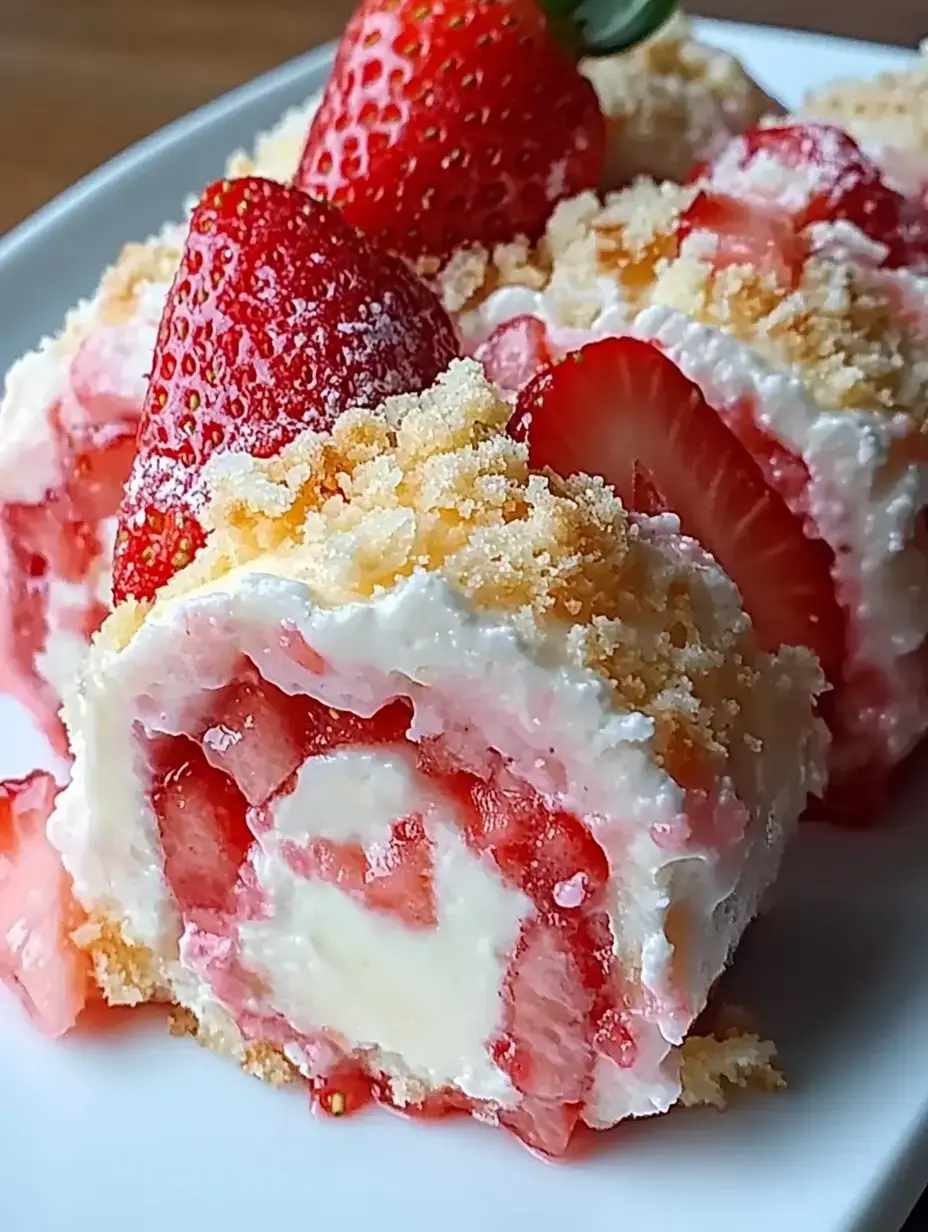 A close-up of a strawberry roll cake topped with fresh strawberries and sprinkled with crumbs.