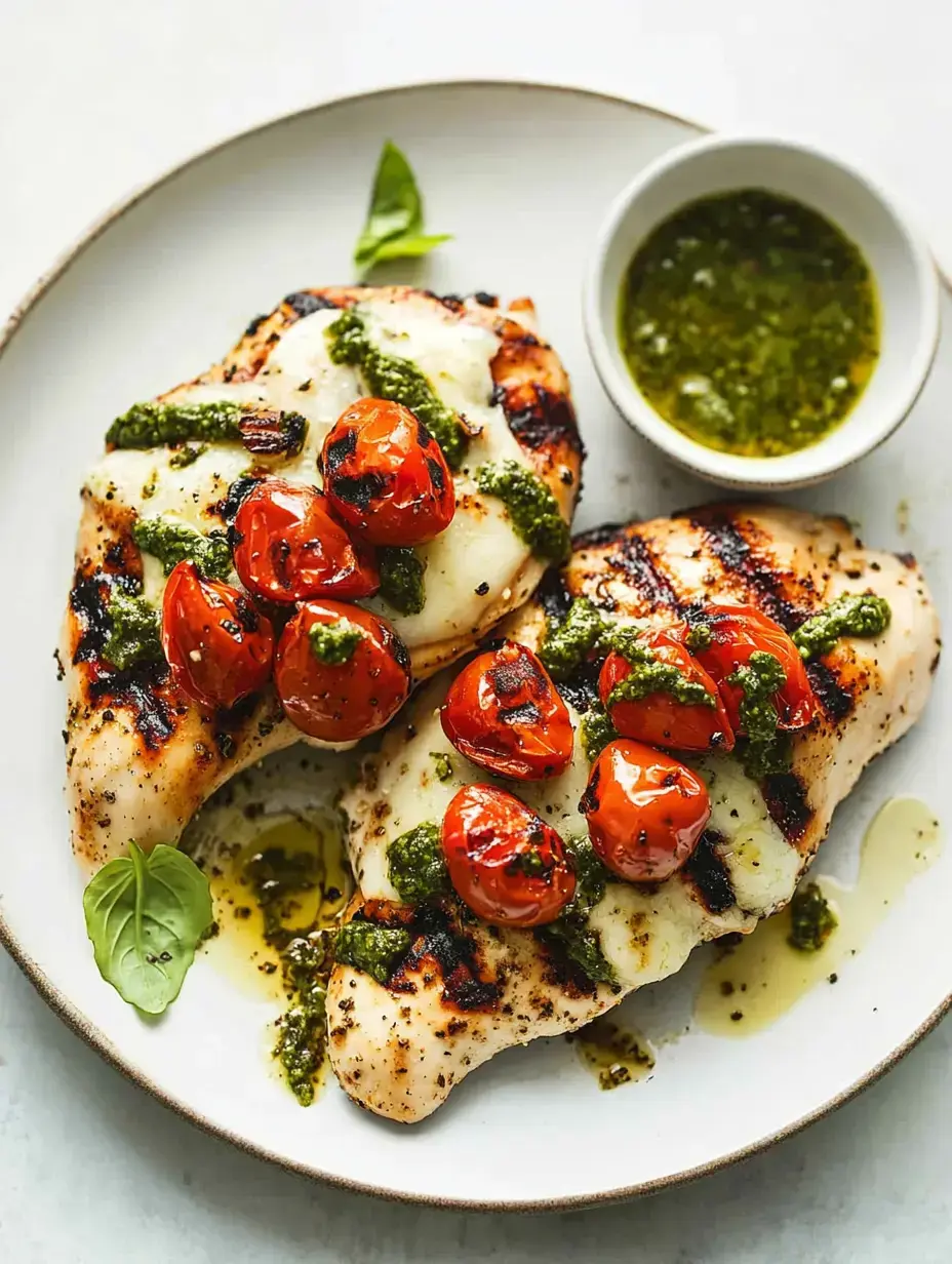 Grilled chicken breasts topped with roasted cherry tomatoes and pesto, served on a plate with a side of pesto sauce.