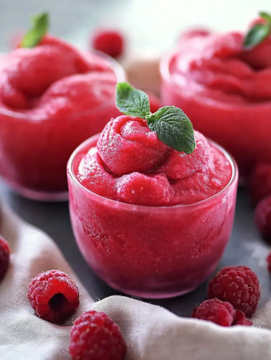 Three glasses of raspberry sorbet are garnished with mint leaves, surrounded by fresh raspberries on a soft fabric.