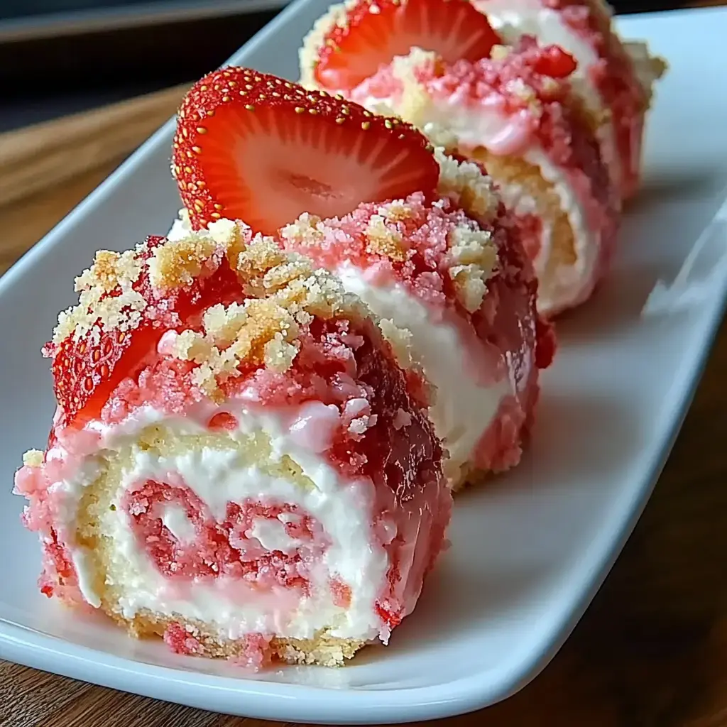 A plate of strawberry roll cake slices, each topped with fresh strawberries and sprinkled with crumbly topping.