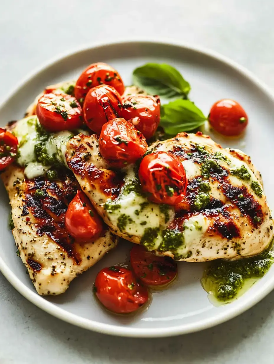 A plate of grilled chicken topped with melted mozzarella, cherry tomatoes, and basil, drizzled with pesto.