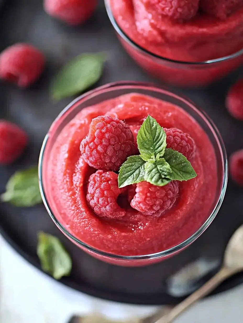 Two glasses of raspberry sorbet topped with fresh raspberries and mint leaves, surrounded by scattered raspberries and mint on a dark plate.